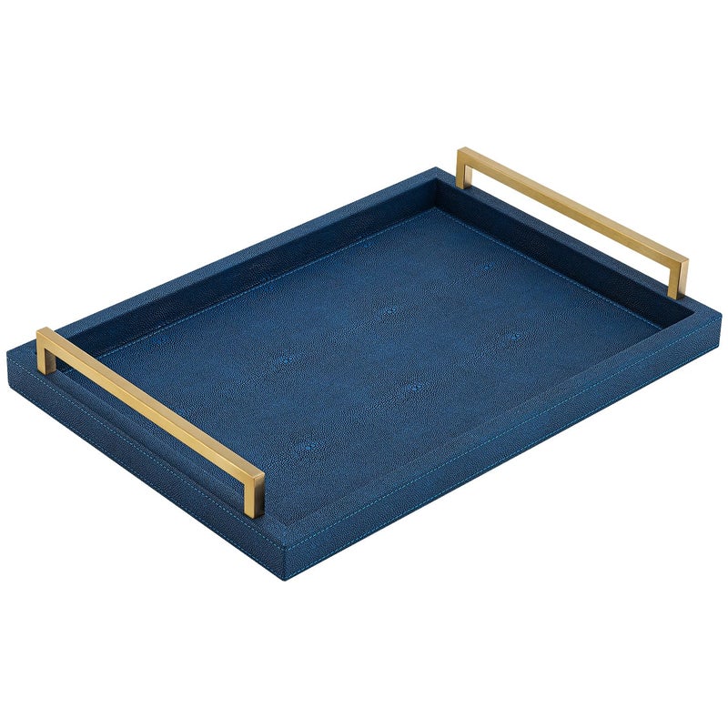XIGEXIGE Navy Blue Decorative Serving Tray, Shagreen Leather Coffee Table Tray, Rectangle for Home Decor - Image 2