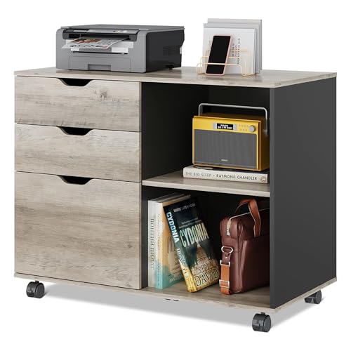 DEVAISE DEVAISE 3Drawer Wood File Cabinet Mobile Lateral Filing Cabinet Printer Stand with Open Storage Shelves for Home Office Greige 