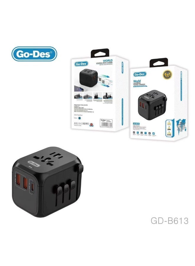 Go-Des GD-B613 All-in-One Universal Travel Adapter with PD 30W QC 18W Fast Charging - Image 3