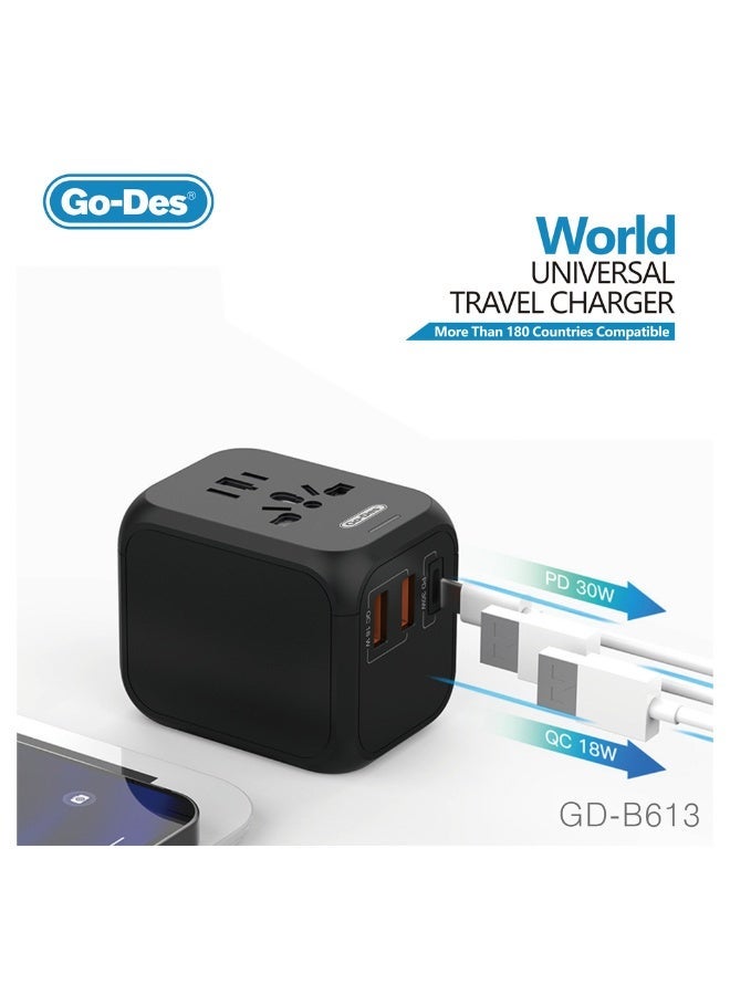 Go-Des GD-B613 All-in-One Universal Travel Adapter with PD 30W QC 18W Fast Charging - Image 1