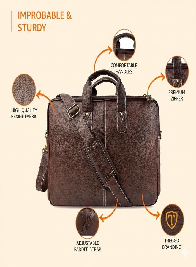 Treggo Professional Leather Briefcase for Men, Brown Office Laptop Bag with Adjustable Shoulder Strap, Business Work Handbag - Image 4