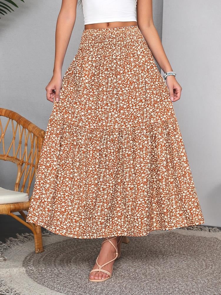 Elastic High Waist A-Line Floral Maxi Skirt