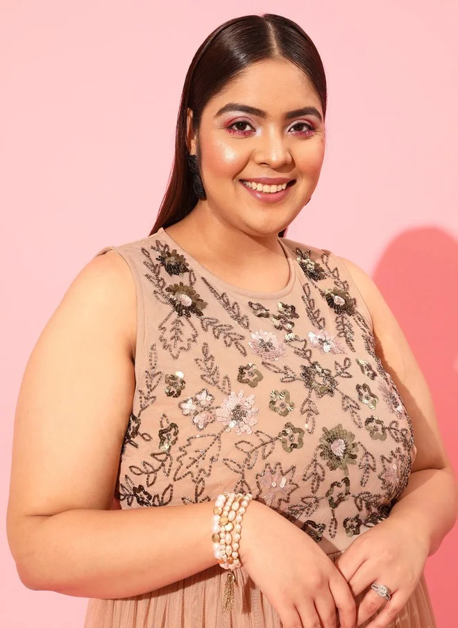 كيرفي ستريت Peach Plus Size Embellished Net A-Line Midi Dress for Women