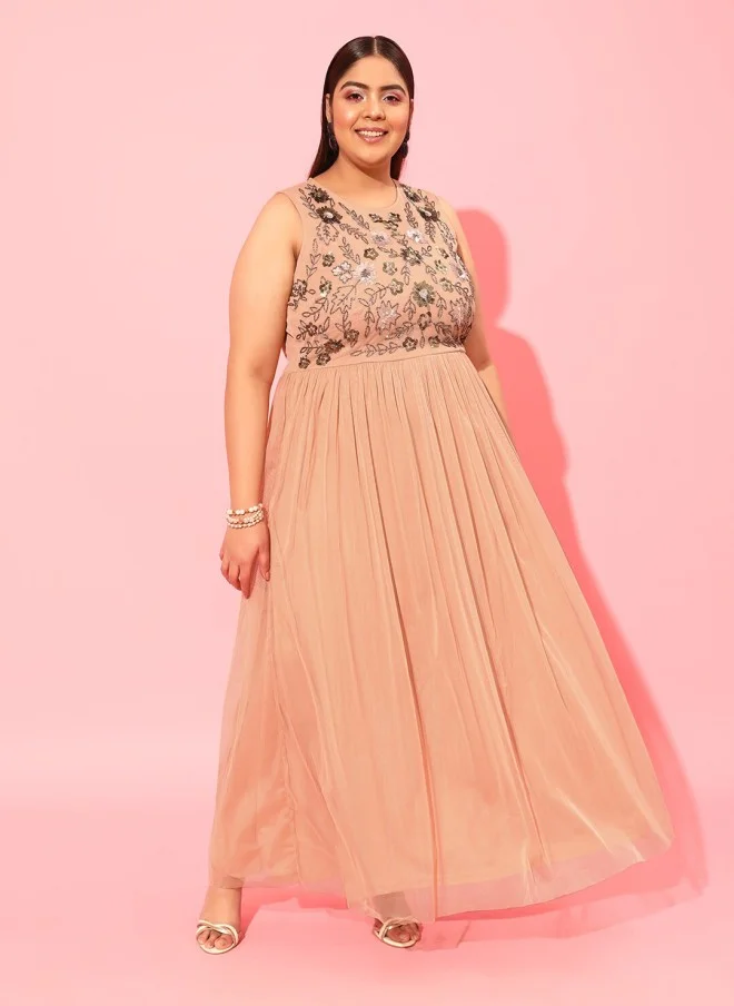 كيرفي ستريت Peach Plus Size Embellished Net A-Line Midi Dress for Women