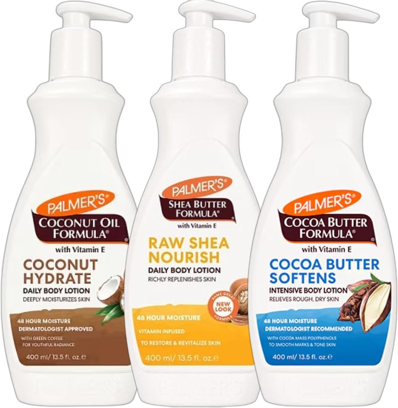 عبوة ثلاثية من لوشن الجسم من بالميرز مع فيتامين E وزيت جوز الهند وشيّا الخام وزبدة الكاكاو 400 مل مع ترطيب يدوم 48 ساعة معتمد من أطباء الجلدية للعناية اليومية بالبشرة