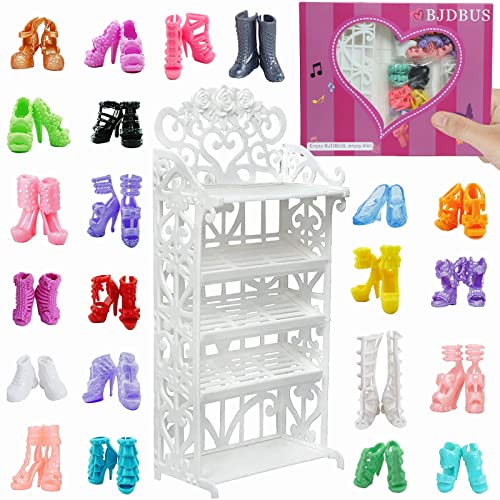 BJDBUS 1 Doll Shoes Rack Shelf + 20 Pairs Shoes Set Accessories High Heel Boots Sandals Assorted Furniture for 11.5 Inch Girl Doll - Image 1