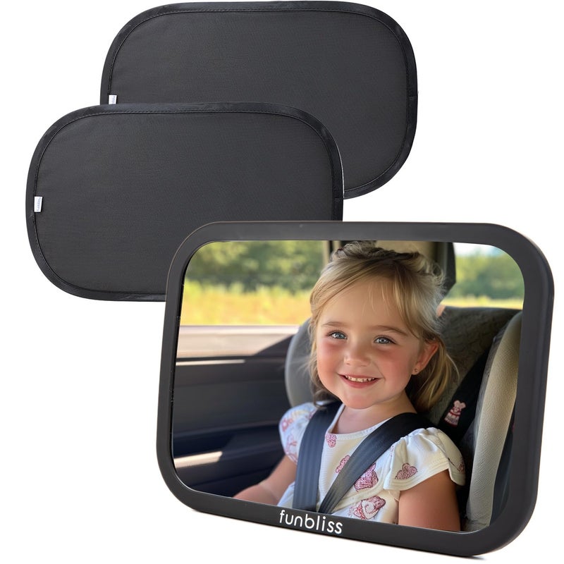 Funbliss Baby Car Mirror + 2-Pack Car Window Shades Bundle -100% Shatterproof, Wide Angle Convex - Image 1