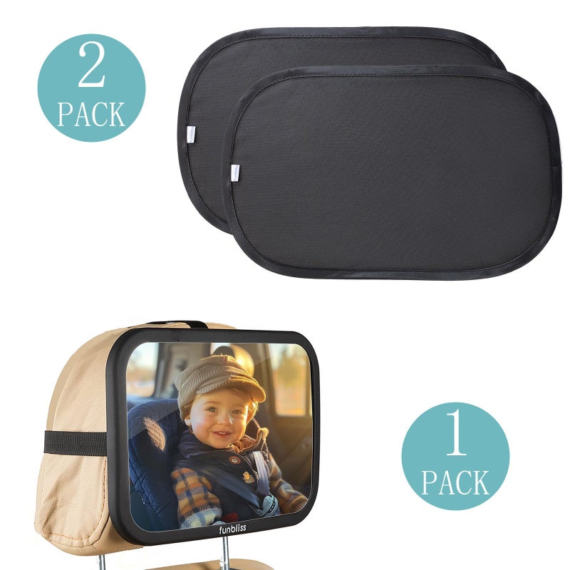 Funbliss Baby Car Mirror + 2-Pack Car Window Shades Bundle -100% Shatterproof, Wide Angle Convex - Image 2