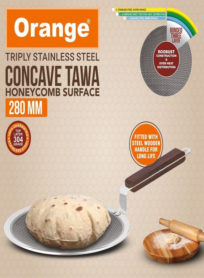 Orange Triply Stainless Steel Honeycomb 28cm Non-Stick Roti/Parathas/Concave Tawa | Scratch Resistant | Induction Friendly | Riveted Cool Touch Handle | 2.5mm Thickness | 5Year Warranty - Image 4