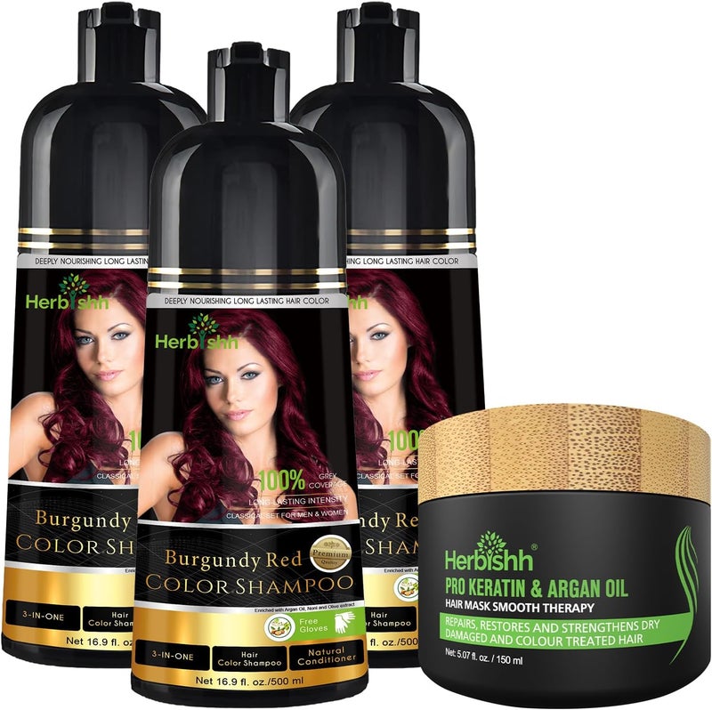 Herbishh Combo Pack - 3Pcs Burgundy Red Hair Color Shampoo 500ml + 1Pc Argan Intense Hair Mask 150 ml - Image 1