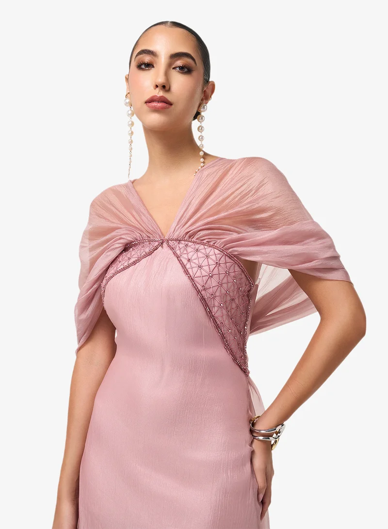 Threadz by Ajooni  Mesh V-Neck Knot Detail Maxi Dress for Women | Best Price UAE