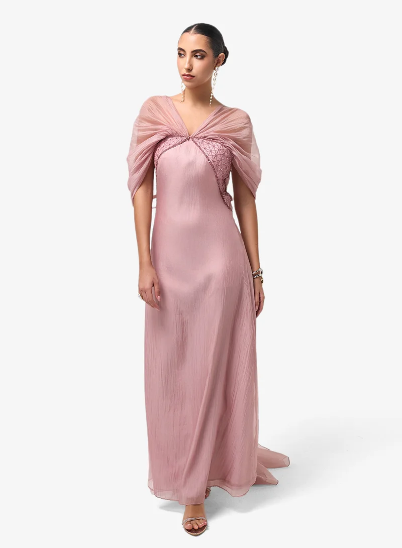 Threadz by Ajooni  Mesh V-Neck Knot Detail Maxi Dress for Women | Best Price UAE