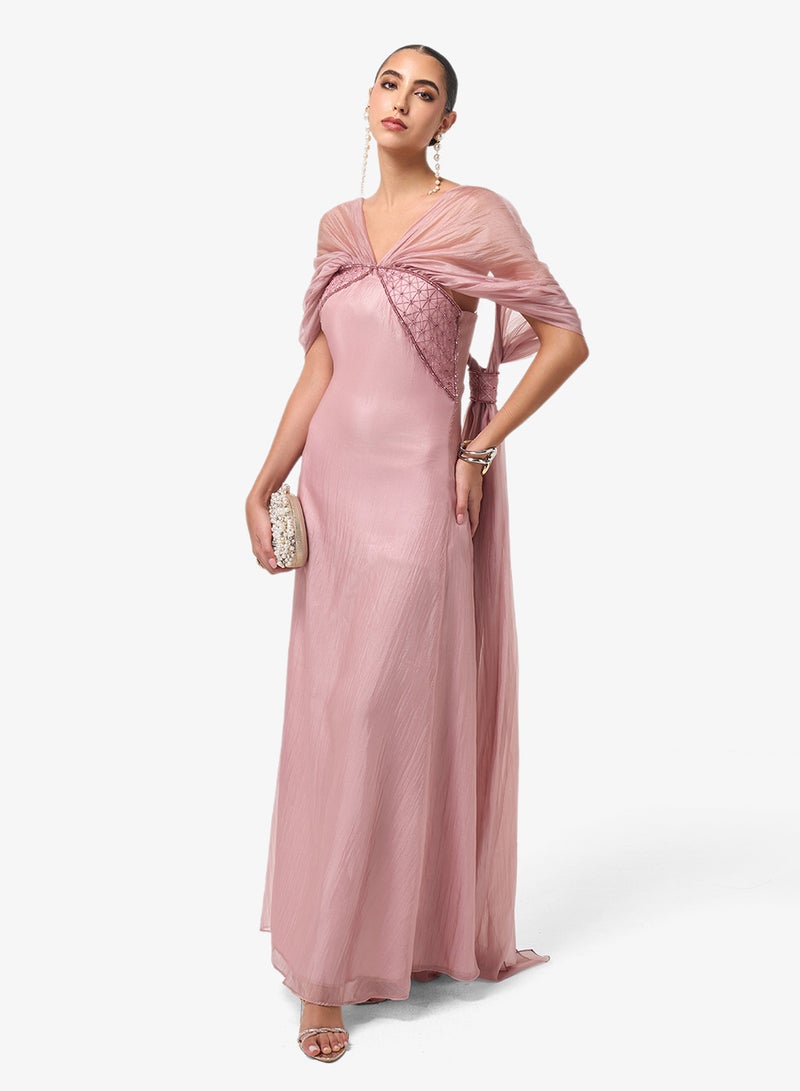 ثريدز باي اجوني فستان ماكسي شبكي بياقة على شكل حرف  وتفاصيل عقدة - Image 1