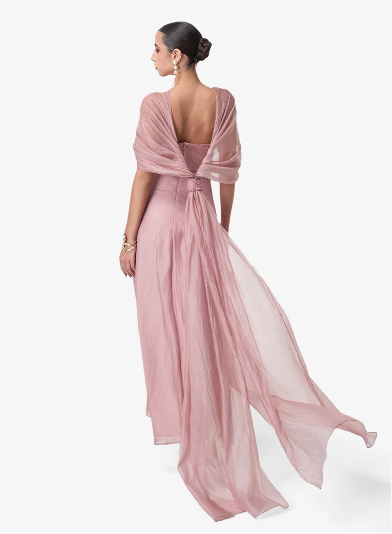 ثريدز باي اجوني فستان ماكسي شبكي بياقة على شكل حرف  وتفاصيل عقدة