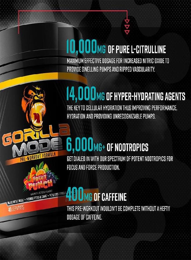 Gorilla Mind جوريلا مايند قبل التمرين - ضخامة هائلة تركيز ليزر طاقة قوة - L-سيترولين، كرياتين، L-تايروسين، بيتائين، هايدروبرايم، ألفا-GPC، 400 ملغ كافيين، هوبيرزين A - 800 غرام (بطيخ) - Image 4