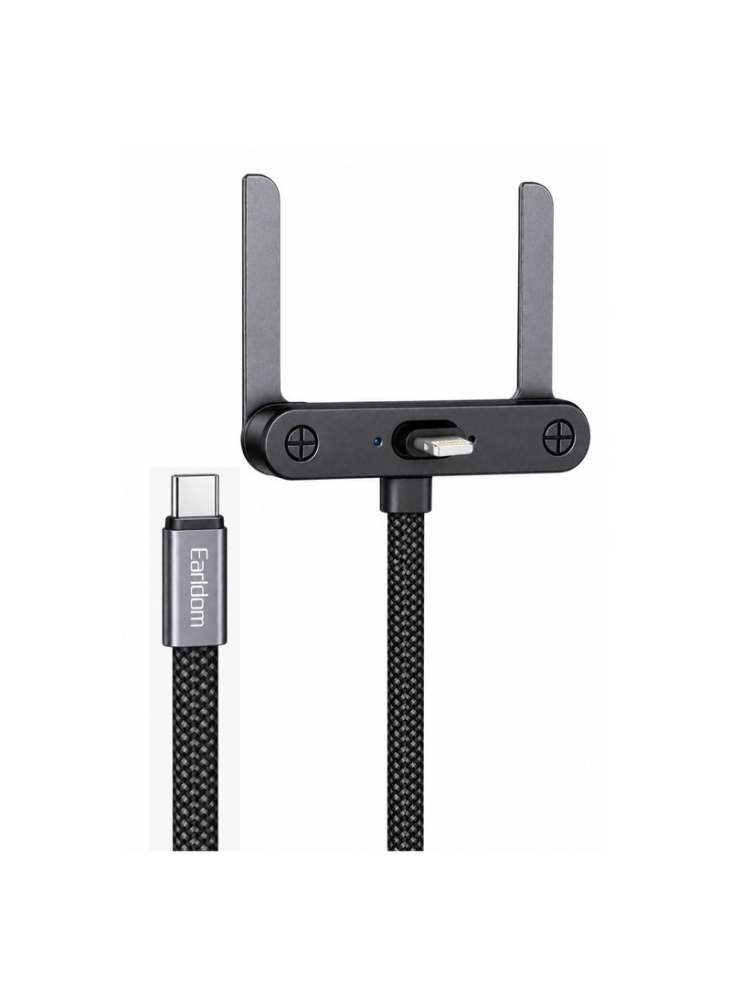 Earldom EC-220C-L 30W USB-C to 8-Pin Lightning T-Shaped Fast Charging Cable with Foldable Phone Holder, 1m Nylon Braided Cable Black - Image 1