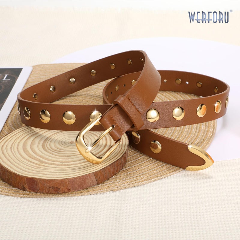 WERFORU Women Fashion Leather Belt Studded Leather Belt Ladies Belts for Jeans Dress Punk Belt,(Brown,25"-30" Waist Adjustable) - Image 4