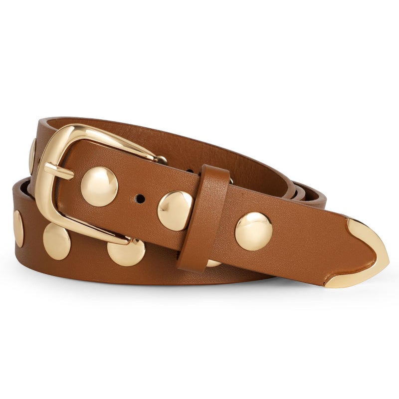 WERFORU Women Fashion Leather Belt Studded Leather Belt Ladies Belts for Jeans Dress Punk Belt,(Brown,25"-30" Waist Adjustable) - Image 1
