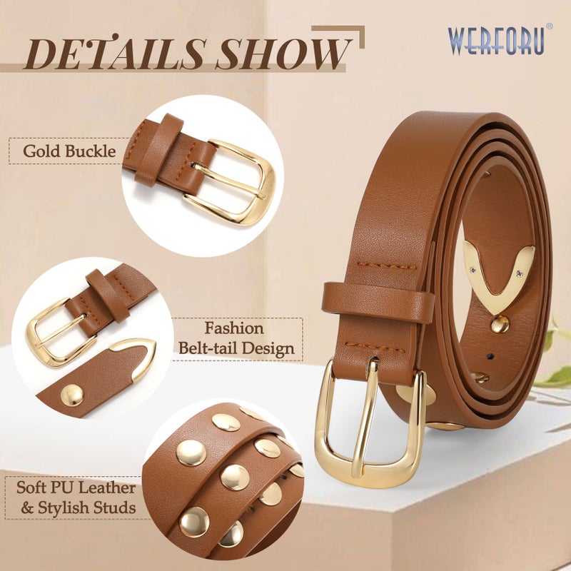 WERFORU Women Fashion Leather Belt Studded Leather Belt Ladies Belts for Jeans Dress Punk Belt,(Brown,25"-30" Waist Adjustable) - Image 5