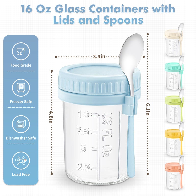 DRKIO 6 Pack Overnight Oats Containers with Lids and Spoons 16 Oz Glass Mason Jars for Overnight Oats Leak Proof Oatmeal Container Great for Cereal Fruit Vegetable Milk Salad Yogurt Meal Prep - Image 2