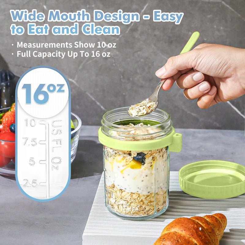 DRKIO 6 Pack Overnight Oats Containers with Lids and Spoons 16 Oz Glass Mason Jars for Overnight Oats Leak Proof Oatmeal Container Great for Cereal Fruit Vegetable Milk Salad Yogurt Meal Prep - Image 4