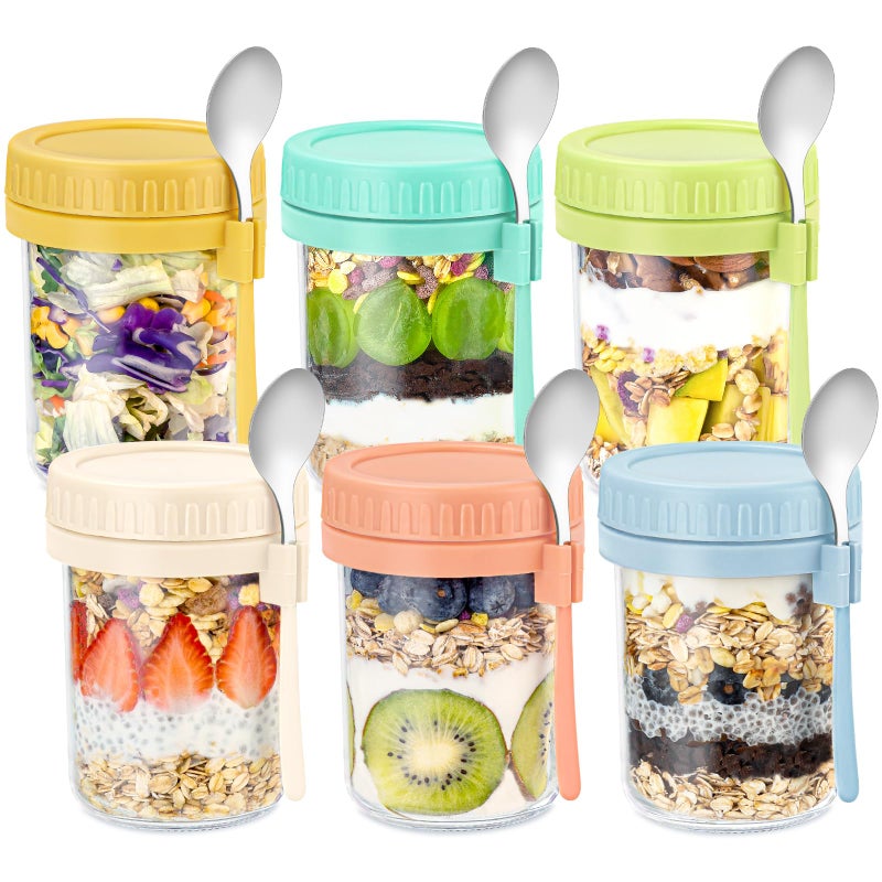 DRKIO 6 Pack Overnight Oats Containers with Lids and Spoons 16 Oz Glass Mason Jars for Overnight Oats Leak Proof Oatmeal Container Great for Cereal Fruit Vegetable Milk Salad Yogurt Meal Prep - Image 1