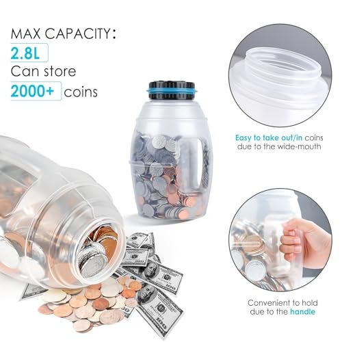 Vcertcpl X-Large Piggy Bank for Boys Adults, Vcertcpl Digital Coin Counting Bank with LCD Counter, 2.8L Capacity Coin Bank Money Jar for Adults, Designed for All US Coins (Blue, X-Large) - Image 3