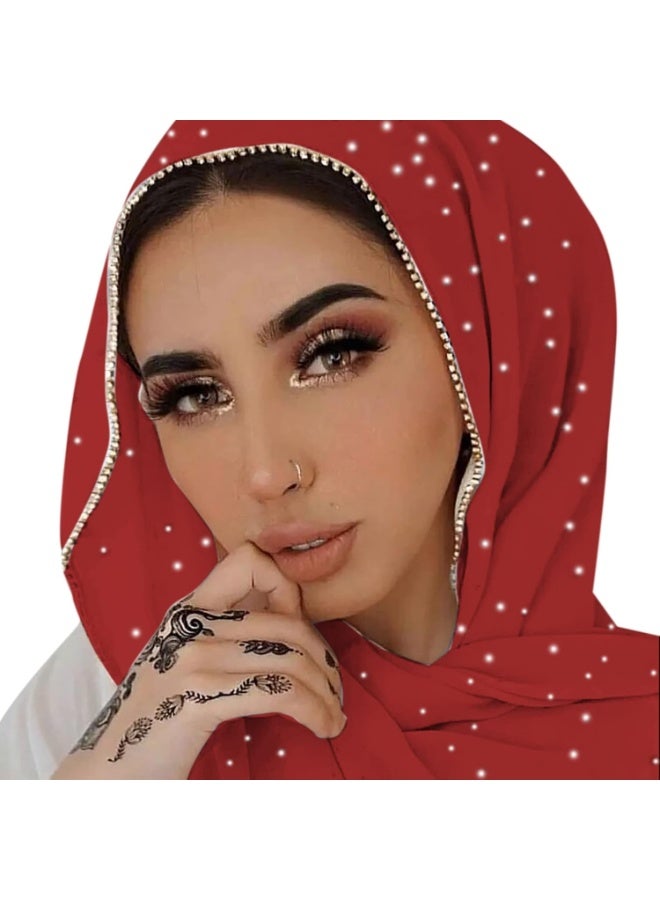 2Pcs Burgundy Rhinestone Pearl Chiffon Hijab Scarf 180x70cm, Sparkling Gold Beaded Trim Muslim Women Head Wrap for Worship Wedding Daily Wear - Image 1