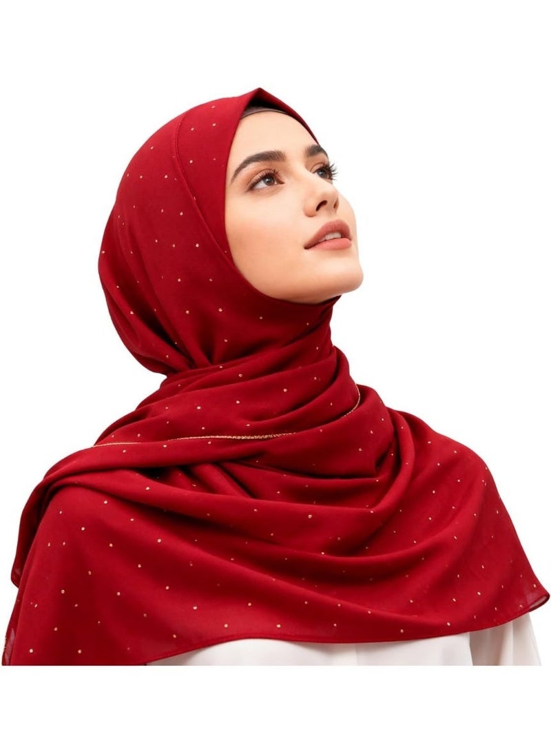 2Pcs Burgundy Rhinestone Pearl Chiffon Hijab Scarf 180x70cm, Sparkling Gold Beaded Trim Muslim Women Head Wrap for Worship Wedding Daily Wear - Image 5