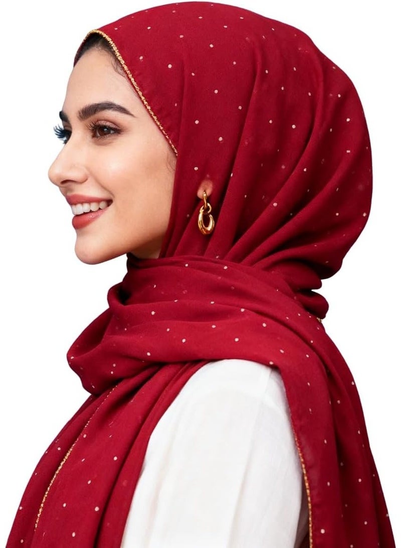 2Pcs Burgundy Rhinestone Pearl Chiffon Hijab Scarf 180x70cm, Sparkling Gold Beaded Trim Muslim Women Head Wrap for Worship Wedding Daily Wear - Image 2