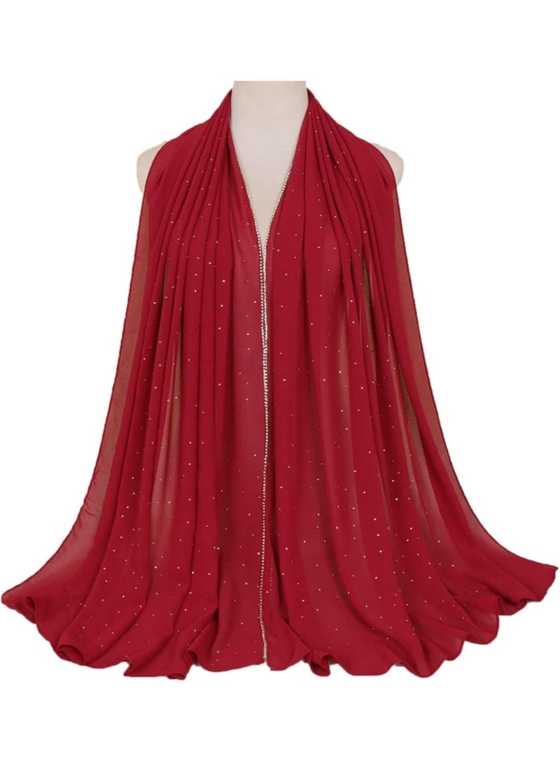2Pcs Burgundy Rhinestone Pearl Chiffon Hijab Scarf 180x70cm, Sparkling Gold Beaded Trim Muslim Women Head Wrap for Worship Wedding Daily Wear - Image 3