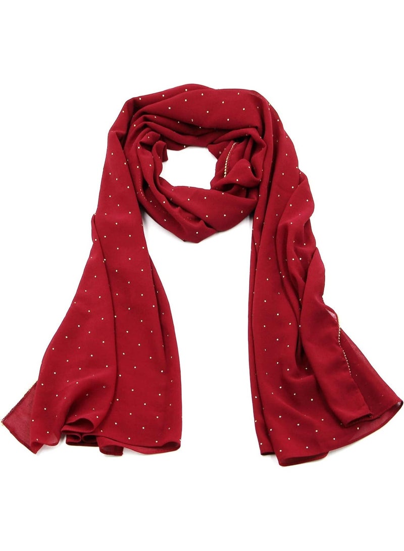 2Pcs Burgundy Rhinestone Pearl Chiffon Hijab Scarf 180x70cm, Sparkling Gold Beaded Trim Muslim Women Head Wrap for Worship Wedding Daily Wear - Image 4