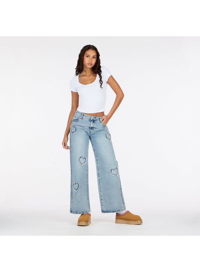 FOREVER 21 Womens Low Waist Heart Patch Wide Leg Jeans, Blue, 2 - Image 2