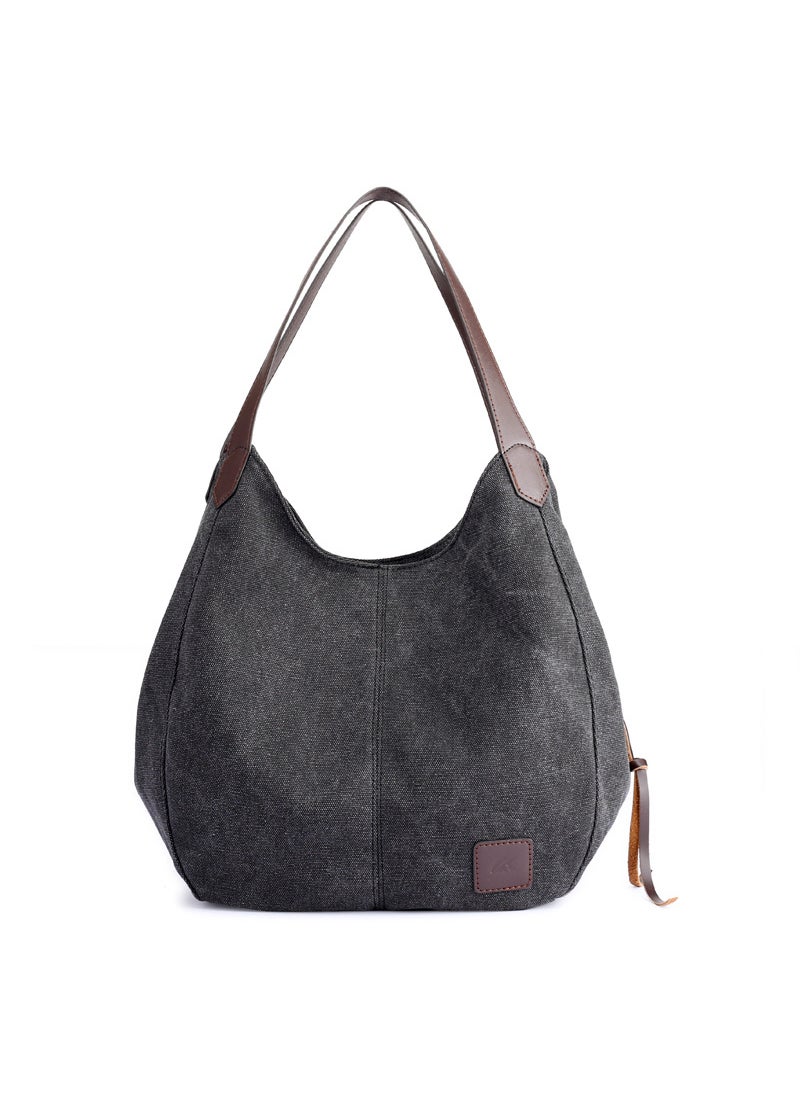 Generic - New multi-compartment canvas womens bag trendy Korean handbag fashion shoulder bag literary simple large bag for batchBlack Black - Image 1