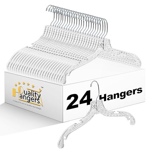 Quality Hangers 24 Pack Clear Plastic Hangers with Super Easy 360 Degree Swivel Hook – Shirt Hangers with Precision Notches for Secure Hanging – Slim Crystal Coat Hangers – 17 Inches (24, 17") - Image 1