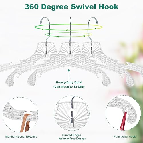 Quality Hangers 24 Pack Clear Plastic Hangers with Super Easy 360 Degree Swivel Hook – Shirt Hangers with Precision Notches for Secure Hanging – Slim Crystal Coat Hangers – 17 Inches (24, 17") - Image 2