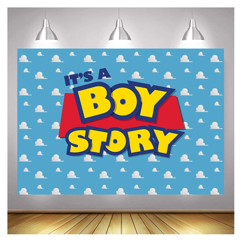 XLL Cartoon Boy It's a Boy Story Photography Backdrop Birthday Party Photo Background Blue Sky White Clouds Photography Backdrops Baby Shower Kids Hero Photo Booth Studio Props 7x5ft - Image 1