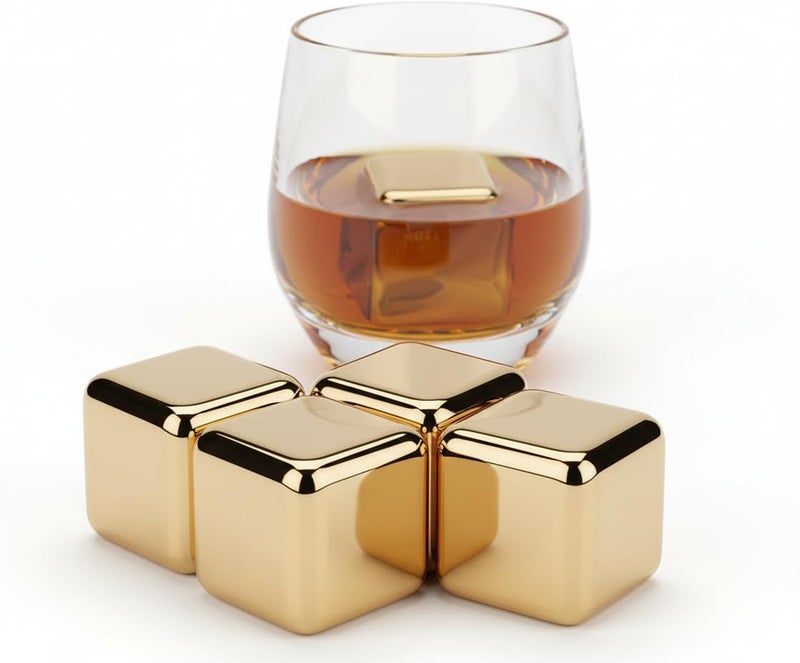 XACA 4PCS Gold Stainless Steel Whiskey Stones, Reusable Whiskey Ice Cubes with Storage Box, Chilling Rocks for Whiskey, Wine, Beer, Vodka, Cocktails, Drinks Cooler Gift Set (Gold) - Image 1