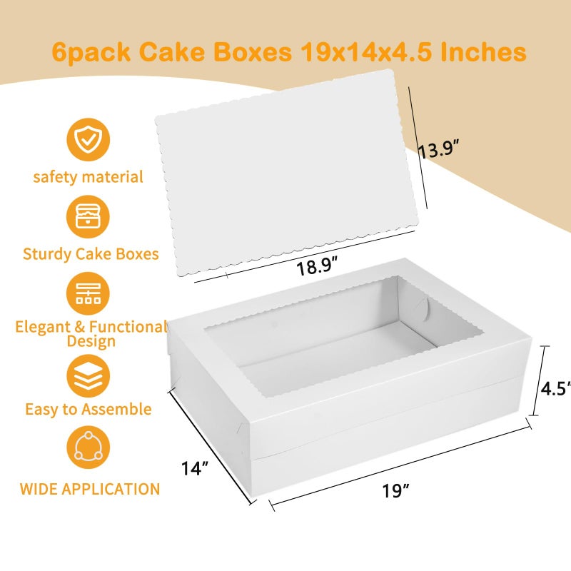 Aufind 6pcs Cake Boxes with Cake Board, 19x14x4.5 Inches White Bakery Boxes with Large Window for Quarter Sheet Cakes, Donuts, Cupcakes, Pastry & Pies - Image 2