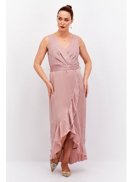Women Belted Plain Wrap Dress, Pink