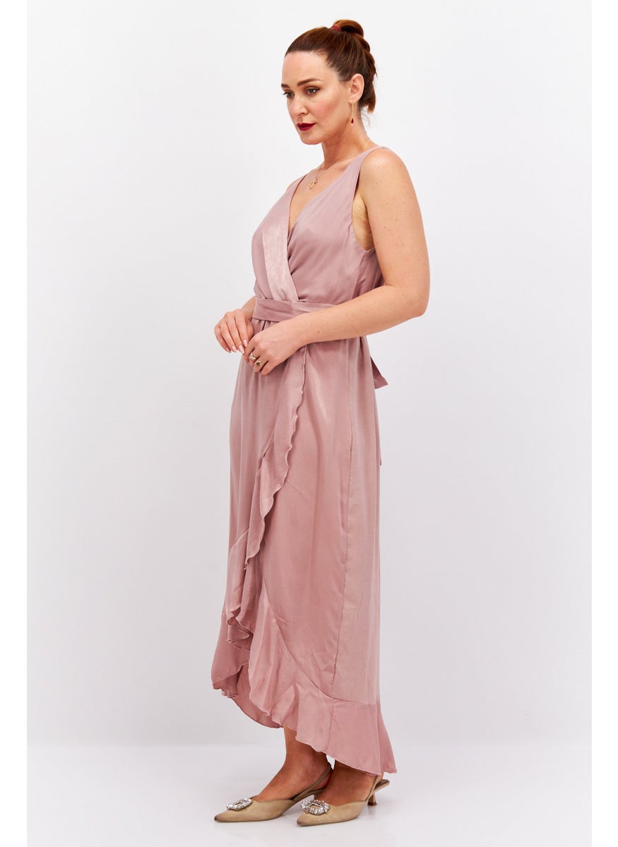 Blume - Women Belted Plain Wrap Dress, Pink - Image 1