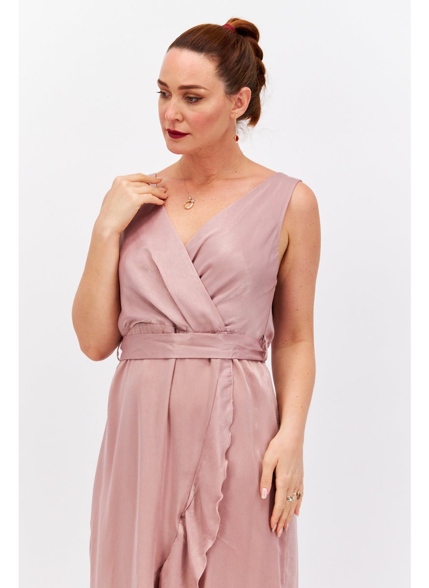 Blume - Women Belted Plain Wrap Dress, Pink - Image 1