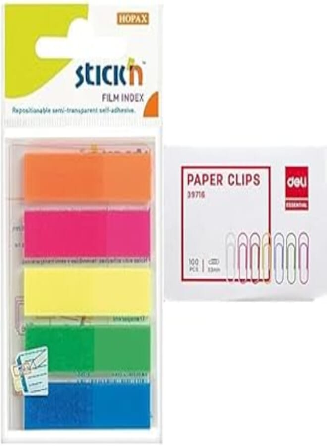Stick n value 12 mm film index tab - neon multi-colour + Deli desktop supplies paper clips 39716 - assorted