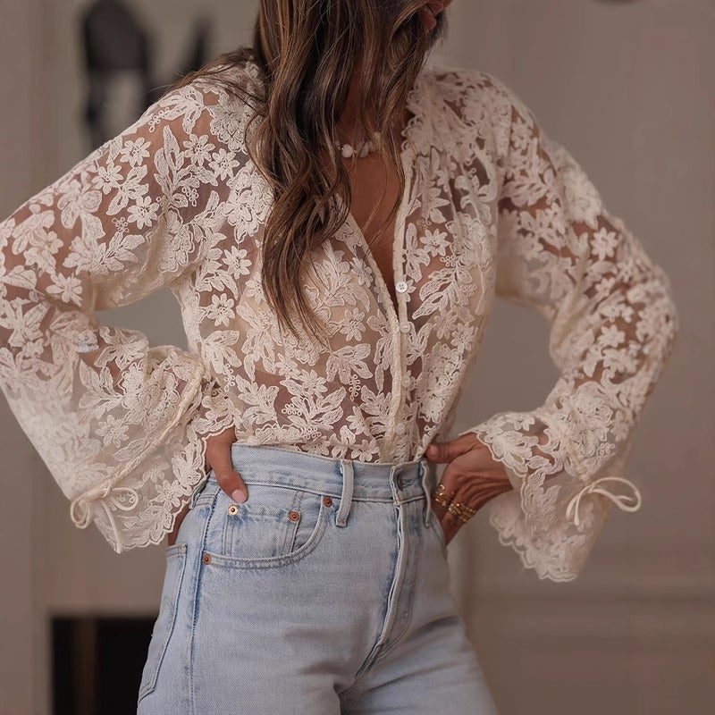Women's Korean Style Lace Hollow-Out Long Sleeve Shirt Summer 2026 - Image 1