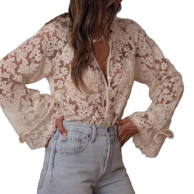 Women's Korean Style Lace Hollow-Out Long Sleeve Shirt Summer 2026 - Image 2