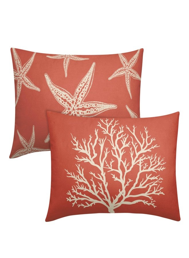 Sweetshow Summer Sea Starfish Pillow Cover 12x20 Inch Set of 2 Beach Pink Coral Lumbar Throw Pillowcase Cotton Linen Square Decorative Nautical Coastal Themed Cushion Cover for Sofa Bedroom Indoor Outdoor Party - Image 1