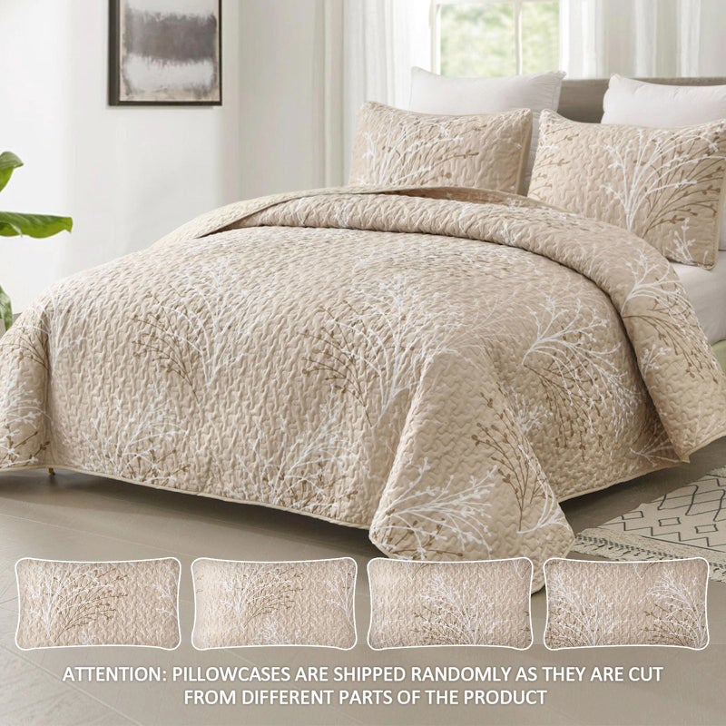 DJY Beige Quilt Set California King Size - Branch Botanical Pattern Bedspread Coverlet Set, 3 Piece Cal King Floral Quilt Bedding Set Soft Lightweight Microfiber Bed Cover for All Season - Image 2