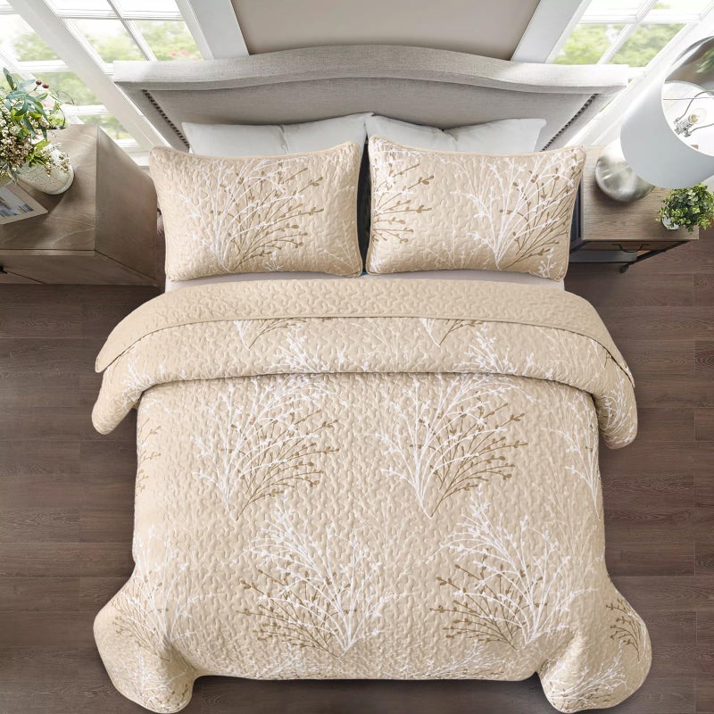 DJY Beige Quilt Set California King Size - Branch Botanical Pattern Bedspread Coverlet Set, 3 Piece Cal King Floral Quilt Bedding Set Soft Lightweight Microfiber Bed Cover for All Season - Image 3