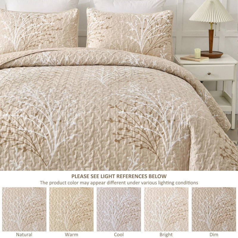 DJY Beige Quilt Set California King Size - Branch Botanical Pattern Bedspread Coverlet Set, 3 Piece Cal King Floral Quilt Bedding Set Soft Lightweight Microfiber Bed Cover for All Season - Image 5