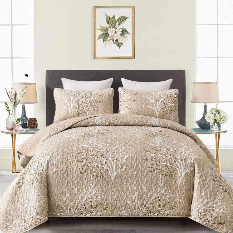 DJY Beige Quilt Set California King Size - Branch Botanical Pattern Bedspread Coverlet Set, 3 Piece Cal King Floral Quilt Bedding Set Soft Lightweight Microfiber Bed Cover for All Season - Image 1